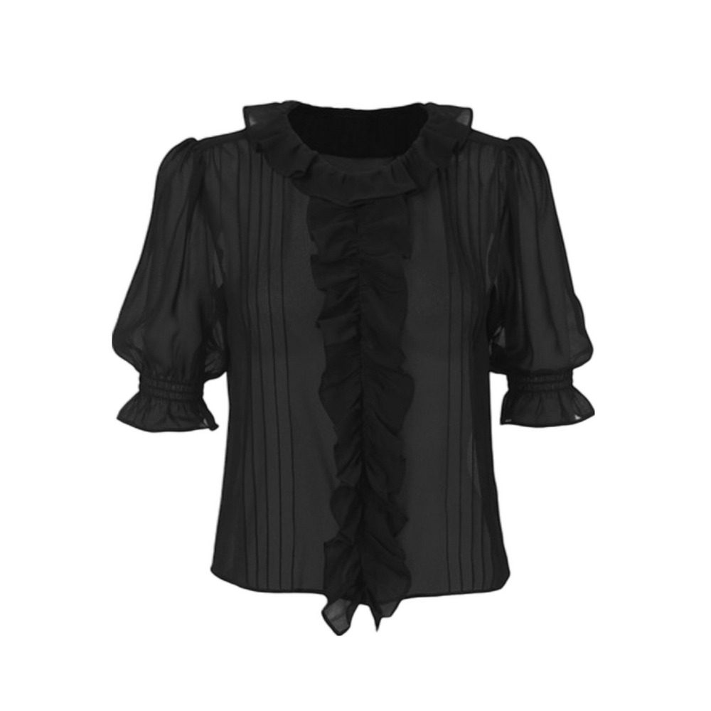 Cabi Cherish Blouse Black Sheer Ruffle Front Pintuck Short Sleeve Top 4539 M